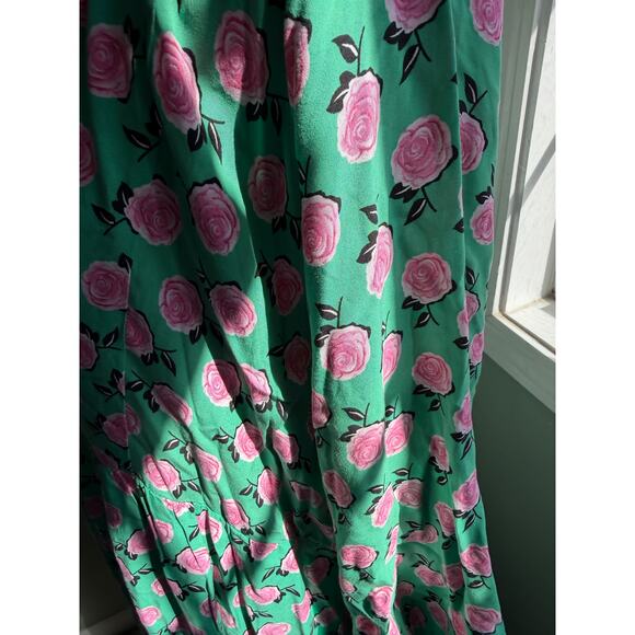 Floral Rose Print Green Viscose Maxi Dress Long Sleeve Boho Caftan XL - Picture 3 of 7